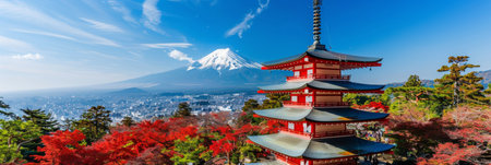 Mtfuji, tallest volcano in tokyo, japan with snow capped peak and autumn red trees, nature wallpaperの素材