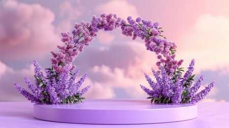 Lavender arch over empty product podium in whimsical setting against the backdrop of twilightの素材
