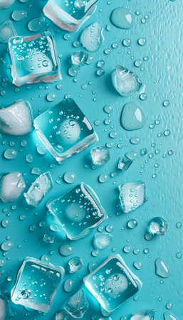 Refreshing water droplets on ice cubes against blue backdrop, beautifully toned imageの素材