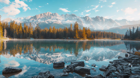 Serene early autumn morning at high tatra lake  mountain glow, pine trees, and sky reflectionsの素材