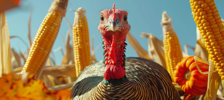 Graceful turkey displaying pride and beauty while roaming through a harvested cornfieldの素材