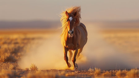 Elegant horse gracefully galloping freely in the vast openness of a serene fieldの素材