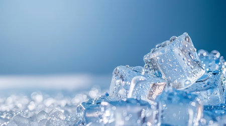 Chilled water droplets on ice cubes against blue backdrop in toned image, refreshing conceptの素材