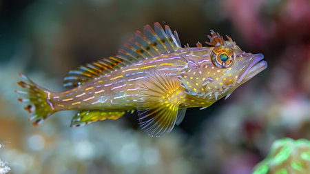 Colorful hawkfish swimming among vibrant corals in a saltwater aquarium environmentの素材