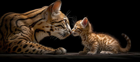 Male ocelot and ocelot kitten portrait with ample empty space, perfect for creative design projectsの素材