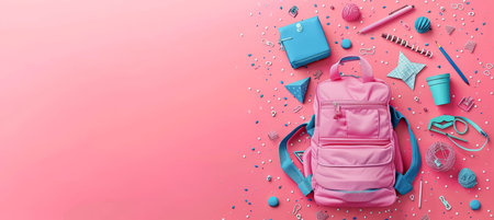 School bag essentials  stationery supplies banner design on pink background with space for textの素材