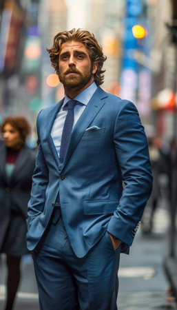 Stylish businessman in fashionable attire with a confident look on blurred backgroundの素材