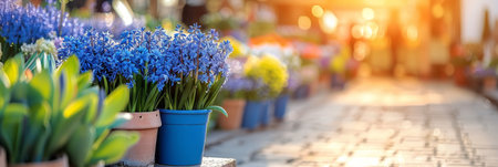 Potted hyacinth flowers on blurred background with space for text, spring floral arrangementの素材