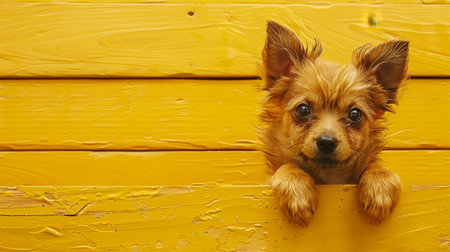 Curious puppy peeking over yellow wooden backdrop, creating a cute scene with space for text.の素材
