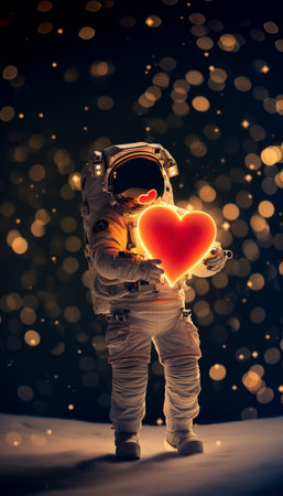 Astronaut with glowing heart in space, earth backdrop, stars and galaxies surrounding.の素材