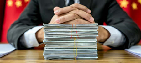 Businessman in suit holding stack of bills with china union flag in background, copy space availableの素材