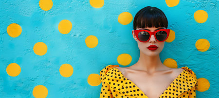 Retro woman in sunglasses with pop art background  surreal 60s 70s disco club fashion cultureの素材