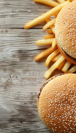 Classic burger and fries on wooden table with ample space for text placement, top viewの素材