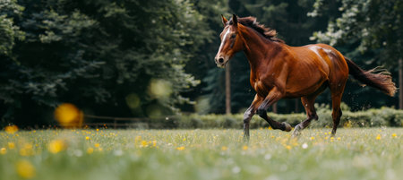 Alert horse galloping in expansive open field, running freely in vast scenic landscapeの素材