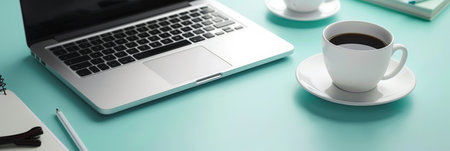 Office coffee break concept on clean table with copy space, flat lay mockup on pastel backgroundの素材