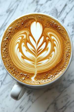 Exquisite flat white coffee floral latte art on pure white table for elegant settingの素材