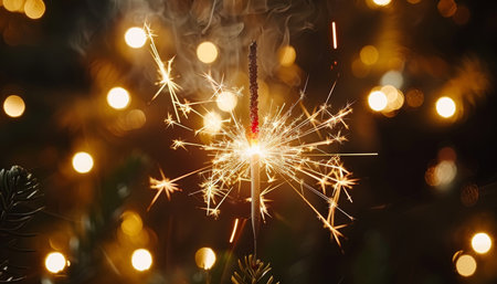 Festive new year celebration with glowing sparkler against bokeh light backgroundの素材