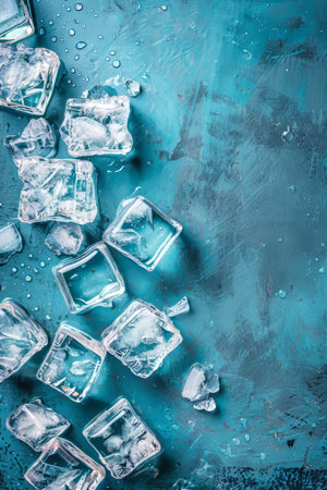 Chilled ice cubes with water droplets on blue background, toned image for a refreshing visualの素材
