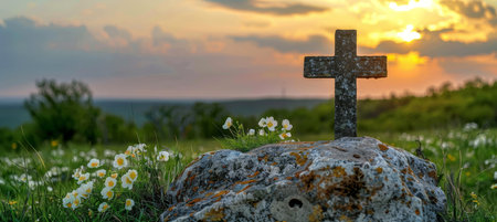 Resurrection symbol  empty tomb stone with cross on meadow at sunrise, good friday conceptの素材
