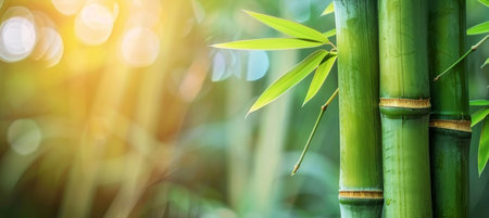 Serene bamboo forest and verdant meadow under gentle natural light in artistic blur styleの素材