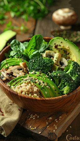 Wholesome vegan lunch bowl with avocado, mushrooms, broccoli, and spinach for a nutritious mealの素材