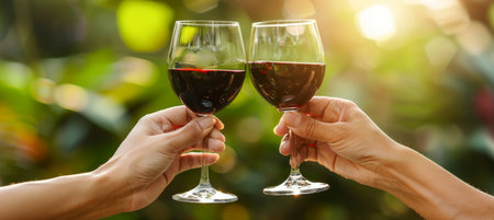 Group of friends joyfully toasting with glasses of red wine at outdoor summer party celebrationの素材