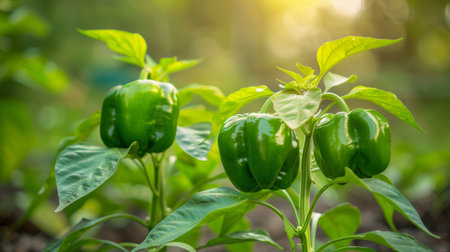 Organic bell pepper ripening in controlled greenhouse, thriving in optimal environmentの素材