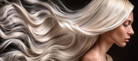 Blonde woman with long flowing hair on dark backgroundhair care and beauty concept with copy space.の素材