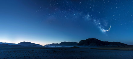 Ramadan night sky  tranquil starry serenity with crescent moon for reflection and gratitudeの素材