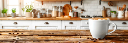 Morning coffee in a modern kitchen  white cup on table, summer day breakfast with copy spaceの素材