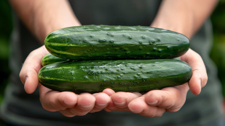 Fresh cucumber held in hand, selection of cucumbers on blurred background with copy spaceの素材