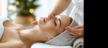 Young woman indulging in a relaxing spa facial massage for rejuvenating beauty treatmentの素材
