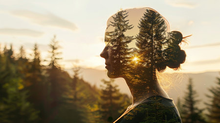 Ethereal fusion  woman s silhouette merges with captivating forest landscape in double exposureの素材