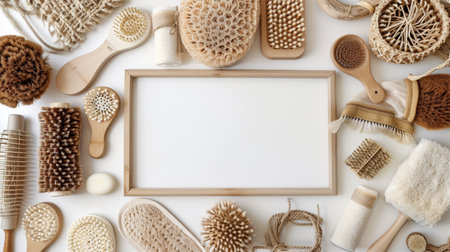 Eco friendly spa accessories still life on white background with ample space for text placementの素材