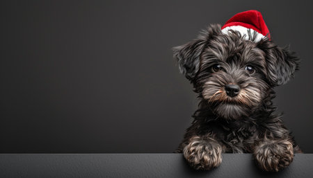 Playful puppy in red christmas hat peeks behind blank banner in cute, mischievous poseの素材