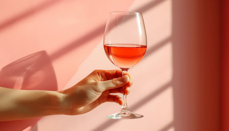 Side view of hand holding red wine glass on pastel background with ample space for text placementの素材