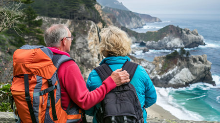 Elderly couple relishing scenic beauty of pacific coast on leisurely coastal hike.の素材