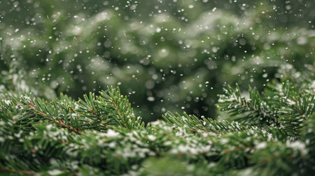 Festive christmas background with pine branch and snowflakes frame, blank space for textの素材