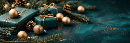 Festive christmas tree with gold ornaments and gifts on floormerry holiday background in green huesの素材