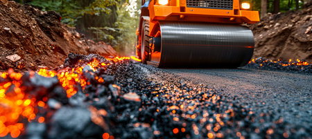 Yellow road roller compacting fresh asphalt on newly constructed road for smooth surfaceの素材