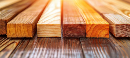 Detailed close up of industrial pine wood timber in wooden lumber for precise examinationの素材