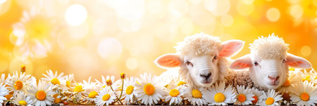 Young lamb grazing in daisy field on sunny summer day   serene farm animal scene with space for textの素材