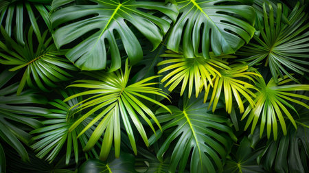 Lush palm trees in vibrant exotic tropical forest jungle setting for panoramic wallpaperの素材
