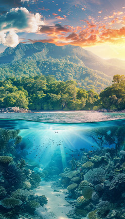 Golden hour sunset over great barrier reef coral marine ecosystem in queensland, australiaの素材