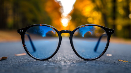 Fashionable glasses elegantly exhibited on the pavement of a vibrant urban streetの素材