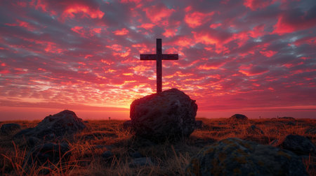 Resurrection morning  empty tomb and cross on meadow under the glorious sunrise lightの素材