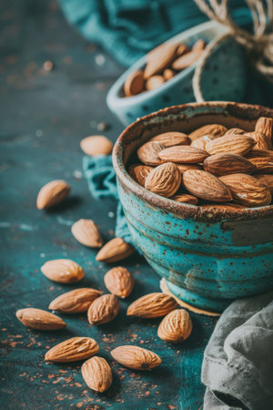 Organic almond milk and raw almonds in kitchen setting for cooking, with copy spaceの素材