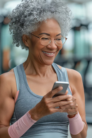 A joyful middle aged woman relaxing at modern gym with phone, mats, and weights in soft lightingの素材