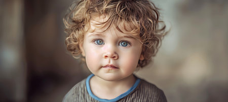 Happy child with curly hair joyfully smiling and making eye contact with the cameraの素材