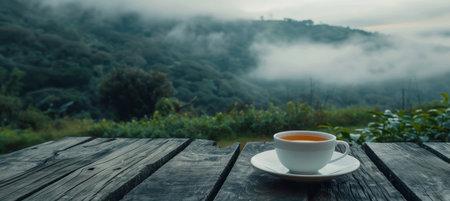 Green tea cup against lush mountain plantation with space for text, serene natural backgroundの素材
